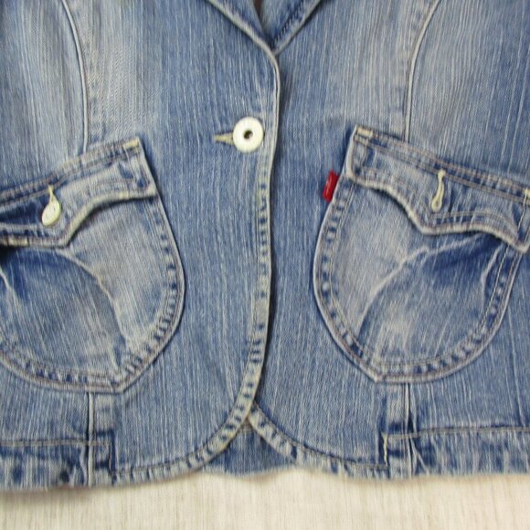 Levi's Trucker Jacket Women's Large Blue Denim Cropped Long Sleeve‎ Button Front - Picture 6 of 14